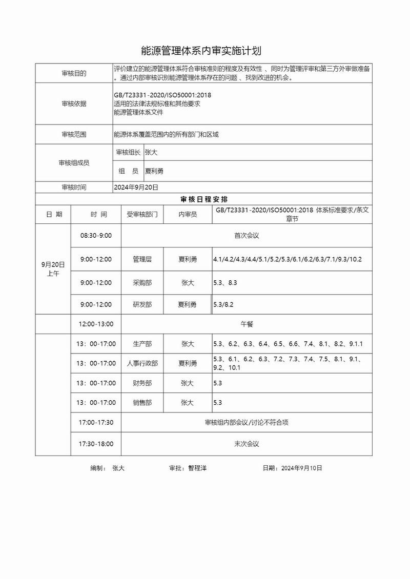 能源管理體系內(nèi)部審核實(shí)施計劃